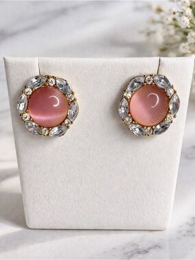 Pink Cat Eye Stud Earrings Rhinestone Halo Gold Tone Vintage